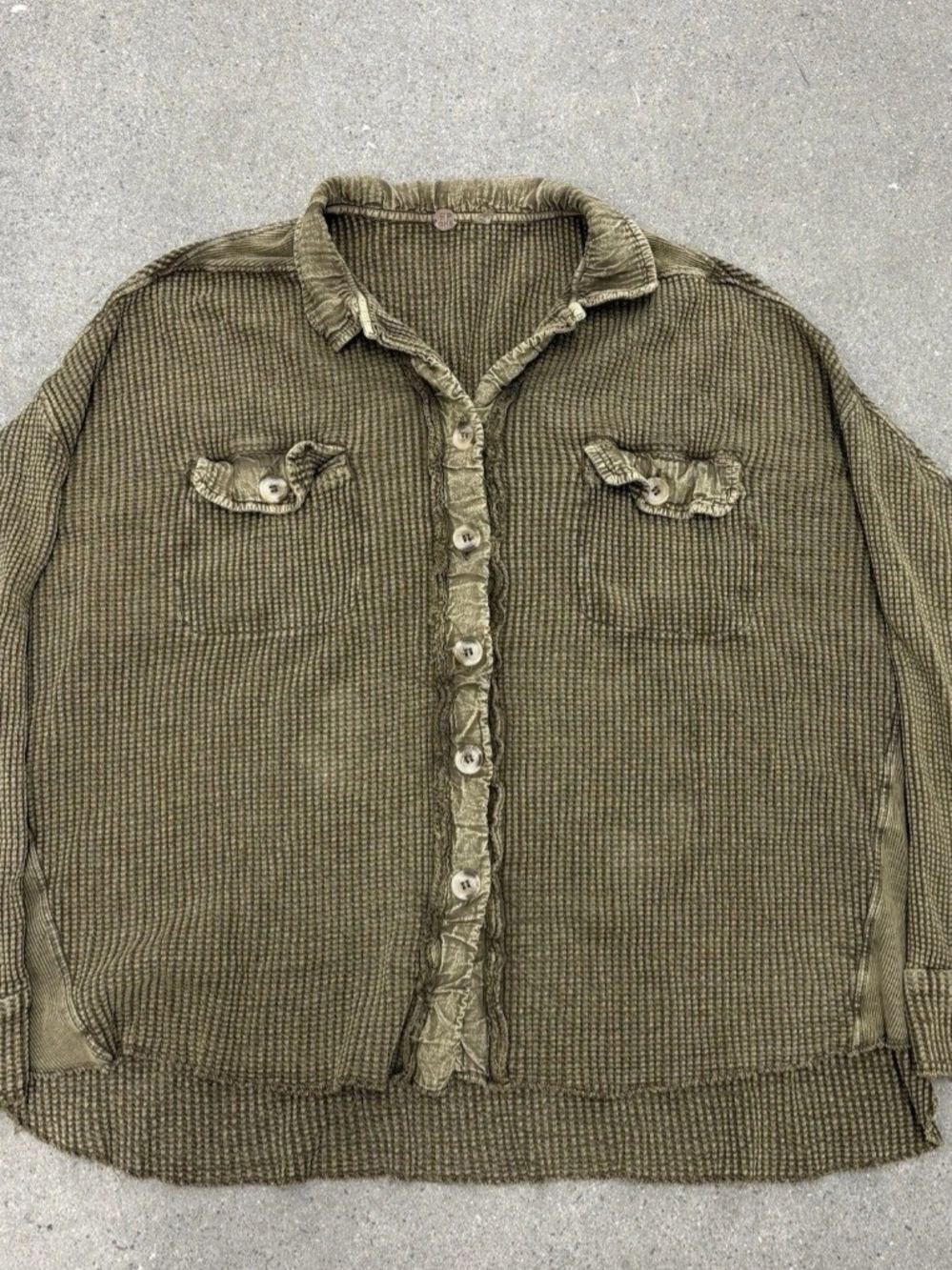 Free People Olive Green Waffle Knit Shirt Jacket